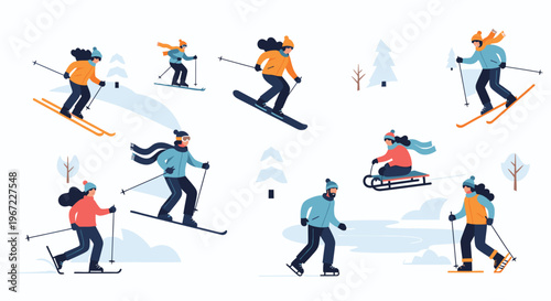Skiers in Action on Snowy Slopes.