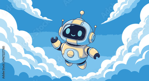 Cartoon Robot Flying Through Blue Sky 3.