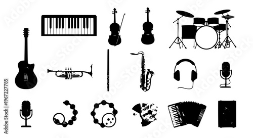 Flat musical instruments set with guitar piano violin drum saxophone and music equipment vector illustration