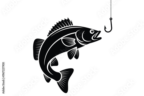 A black and white illustration of a fish with a fishing hook