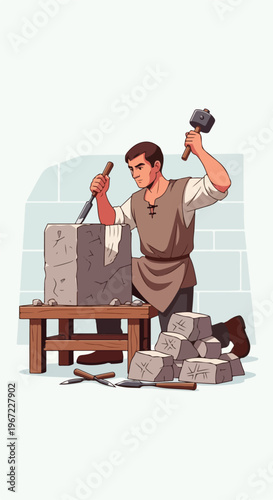 A man in medieval clothing carving a stone block with a hammer and a chisel tool