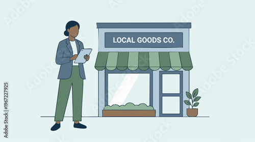Female entrepreneur managing local goods store with tablet, flat design
