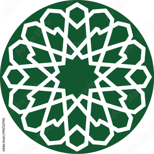 Green Islamic geometric pattern illustration with white lines on circular background