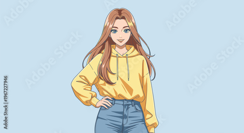 Young Woman Wearing Yellow Hoodie Jeans.