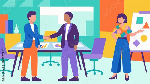 Business professionals collaborating and making a deal in a vibrant office