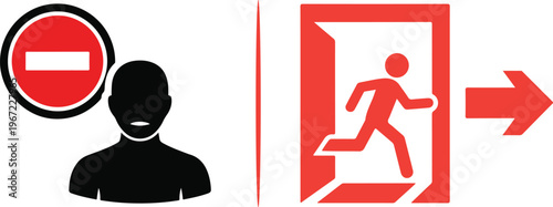 Safety vector icons featuring a no-entry restriction for personnel and a red emergency exit sign with a running figure and directional arrow, indicating urgent evacuation and access control.