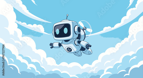 Robot Flying Through Cloudy Blue Sky.