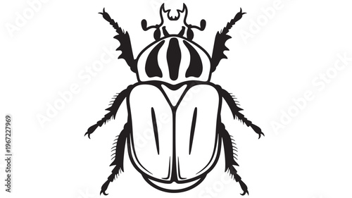 Scarab beetle silhouette with striped thorax and detailed legs, a striking black and white graphic representation of this ancient insect.