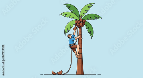 A flat illustration of a worker climbing a palm tree to harvest fresh coconuts