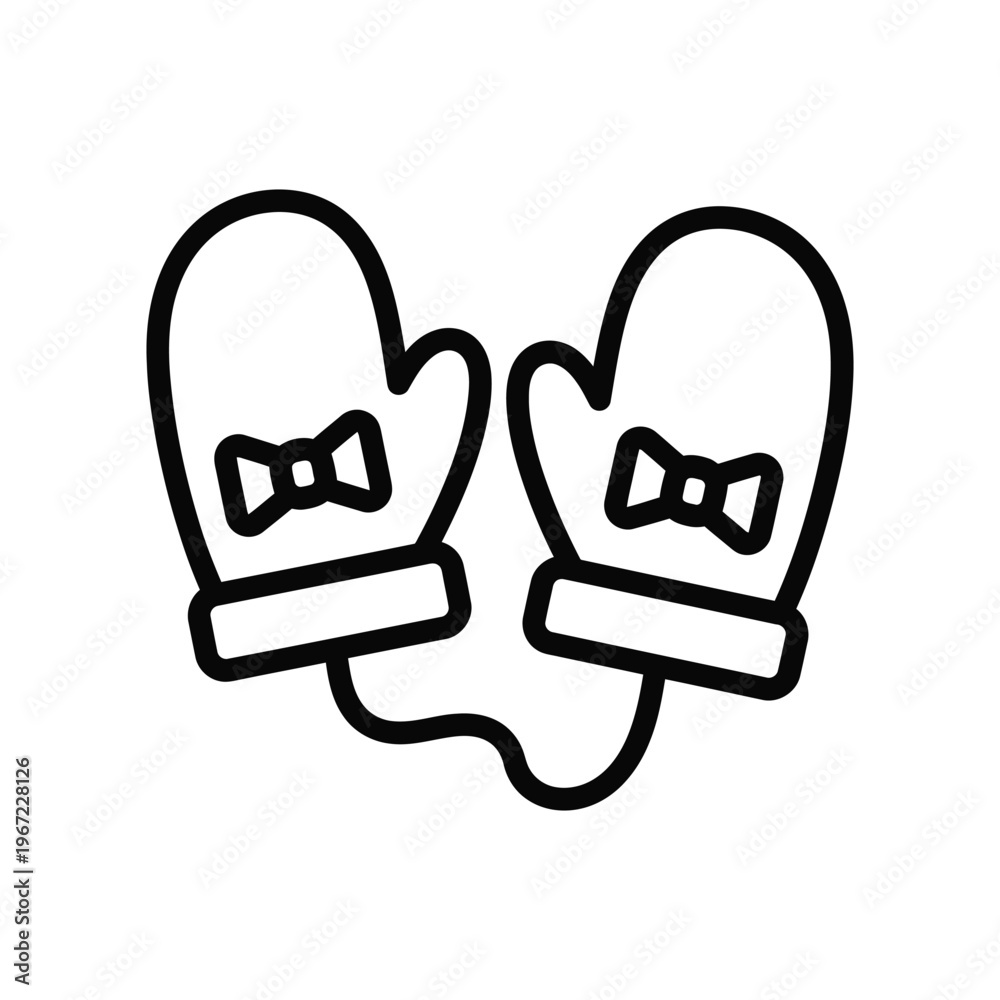 Fototapeta premium Minimalist line art icon of a pair of cozy winter mittens with decorative bows connected by a string, ideal for seasonal holiday designs and cold weather apparel concepts.