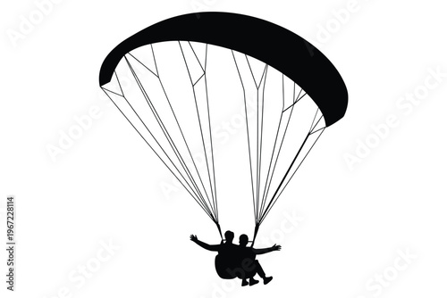 Silhouetted tandem paragliding with a visible canopy and two people