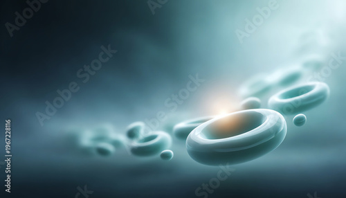 Futuristic abstract blue blood cell floating, soft glowing light, medical science background, calm and serene mood