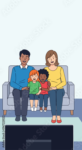 A happy multiracial family sitting on a sofa and watching television together