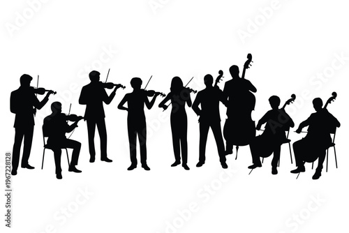 Silhouetted orchestra performing with violins cellos and double basses