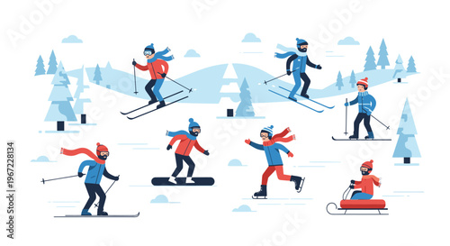 Skiers and Snowboarders on Winter Slopes.
