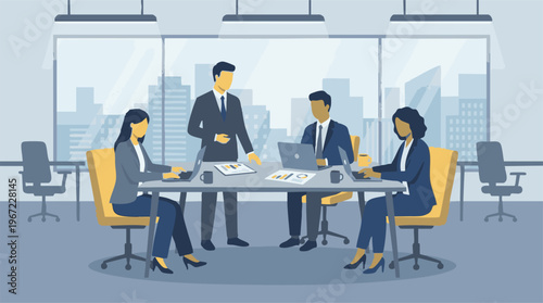 Diverse business professionals collaborating in modern office meeting
