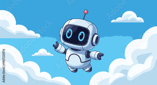 Cartoon Robot Flying Among White Clouds 6.