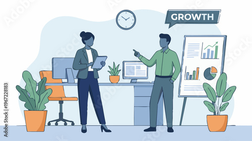 Business professionals discussing growth strategy in a modern office setting