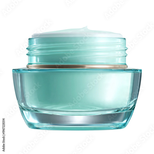 Teal glass jar with white face cream moisturi isolated on transparent background