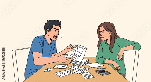 An angry couple arguing about unpaid bills and household finances at the table