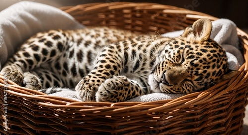Sleeping leopard cub rests in a woven basket on a soft blanket during the afternoon in a cozy indoor setting