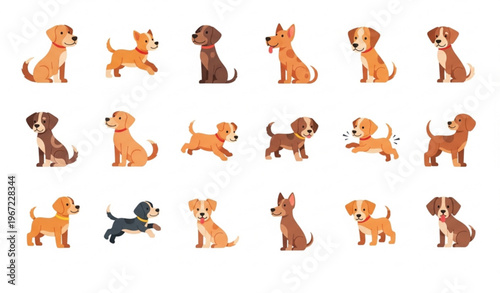 Dogs and puppy clip art vector set with cute pet characters in different poses