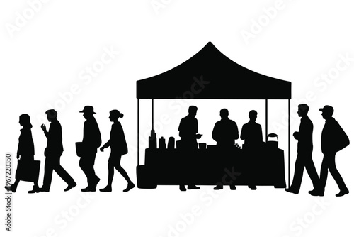 Black silhouette illustration depicting people at a farmers market stall