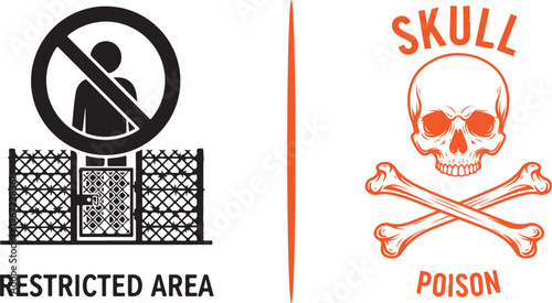 Dual-tone vector icons featuring a black restricted area symbol with a fenced gate and an orange skull and crossbones poison warning. Represents security boundaries and lethal chemical hazards.