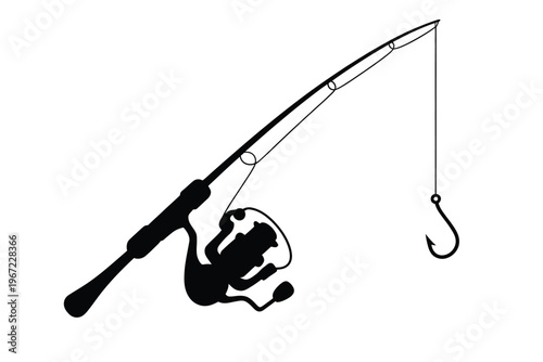 Simple black and white illustration of a fishing rod and reel setup