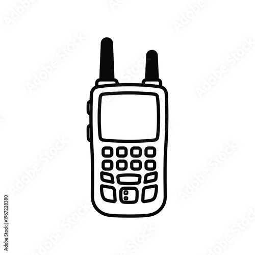 Minimalist black and white line art icon of a portable walkie-talkie radio for emergency communication and security coordination isolated on white.