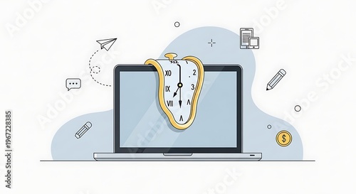 melting clock on laptop time management and productivity deadline concept illustration.