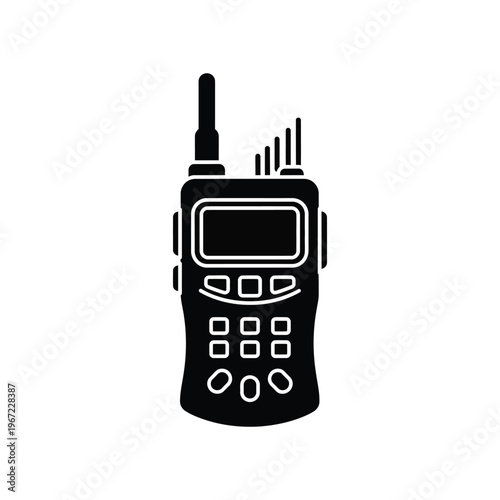 Professional black walkie-talkie icon representing portable two-way radio communication for security, emergency services, and outdoor adventure coordination.