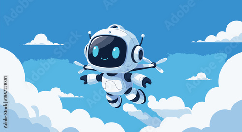Robot Character Flying Through Cloudy Sky.