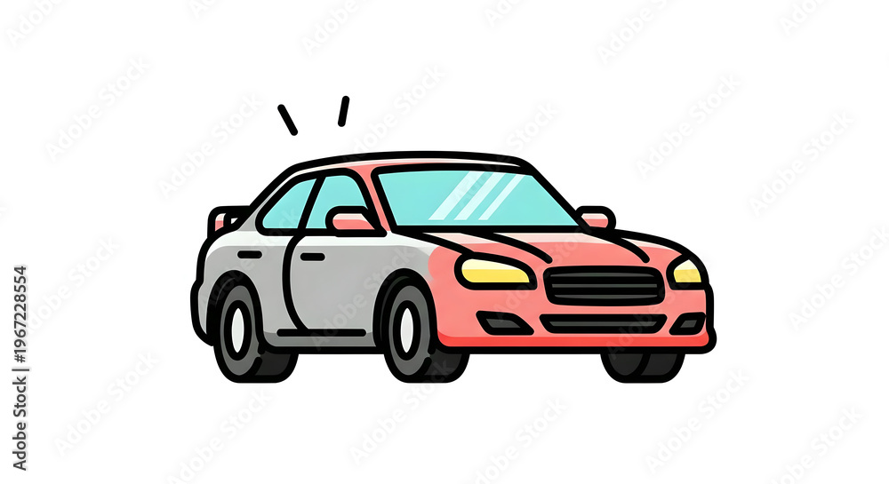 Naklejka premium Car, Split Color Design, Cartoon Style, symbolizing contrast and duality.