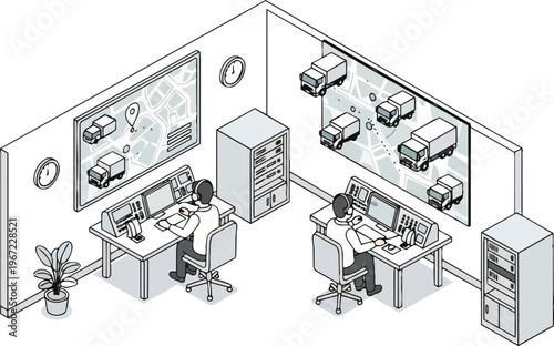 Isometric Logistics Control Center Illustration with Operators Monitoring Fleet Tracking and Global Distribution Maps