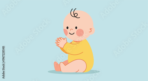 A cute cartoon baby sitting on the floor and clapping hands in a happy mood