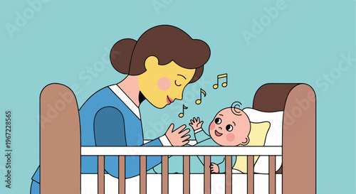 A mother leans over a crib to sing a gentle lullaby to her happy baby child