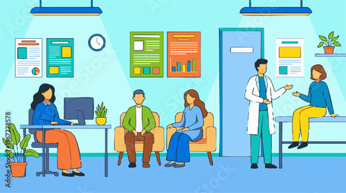 Doctor consulting patient while others wait in a clinic reception area