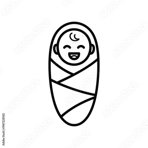 Minimalist line art icon of a happy smiling newborn baby swaddled in a cozy blanket for parenting and childcare concepts