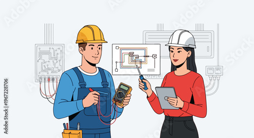 Two professionals examine a technical diagram with tools in an industrial space