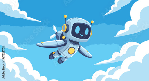Cartoon Robot Flying Through Blue Sky 4.