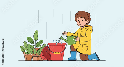 A young child in a yellow raincoat kneeling and pouring water into a red bucket