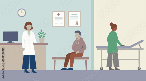Healthcare professionals and patient in a modern medical clinic