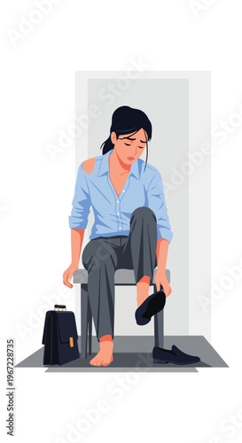 A tired woman sitting on a chair takes off her shoes after a long day at work