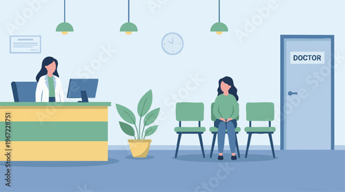 Patient waiting at a medical clinic reception, healthcare service illustration