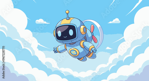 Cartoon Robot Flying Through Cloudy Sky 8.