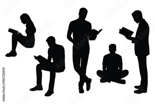 Silhouettes of people reading and relaxing in various seated positions