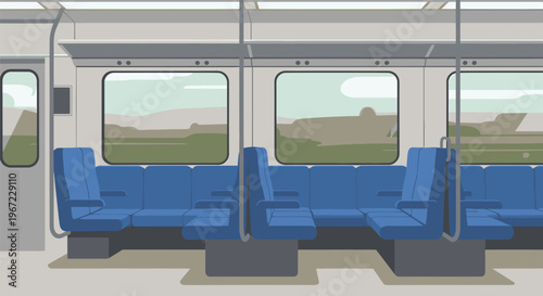 Empty Train Carriage with Blue Seats.