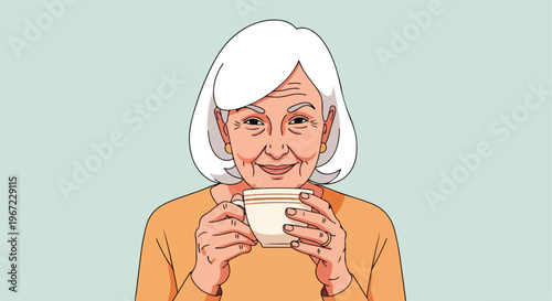 An elderly woman with white hair smiling warmly while holding a small teacup