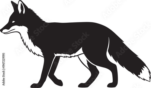 Black and white fox silhouette illustration, walking stance wildlife design, sleek animal artwork, minimalistic decorative drawing, graceful woodland creature art